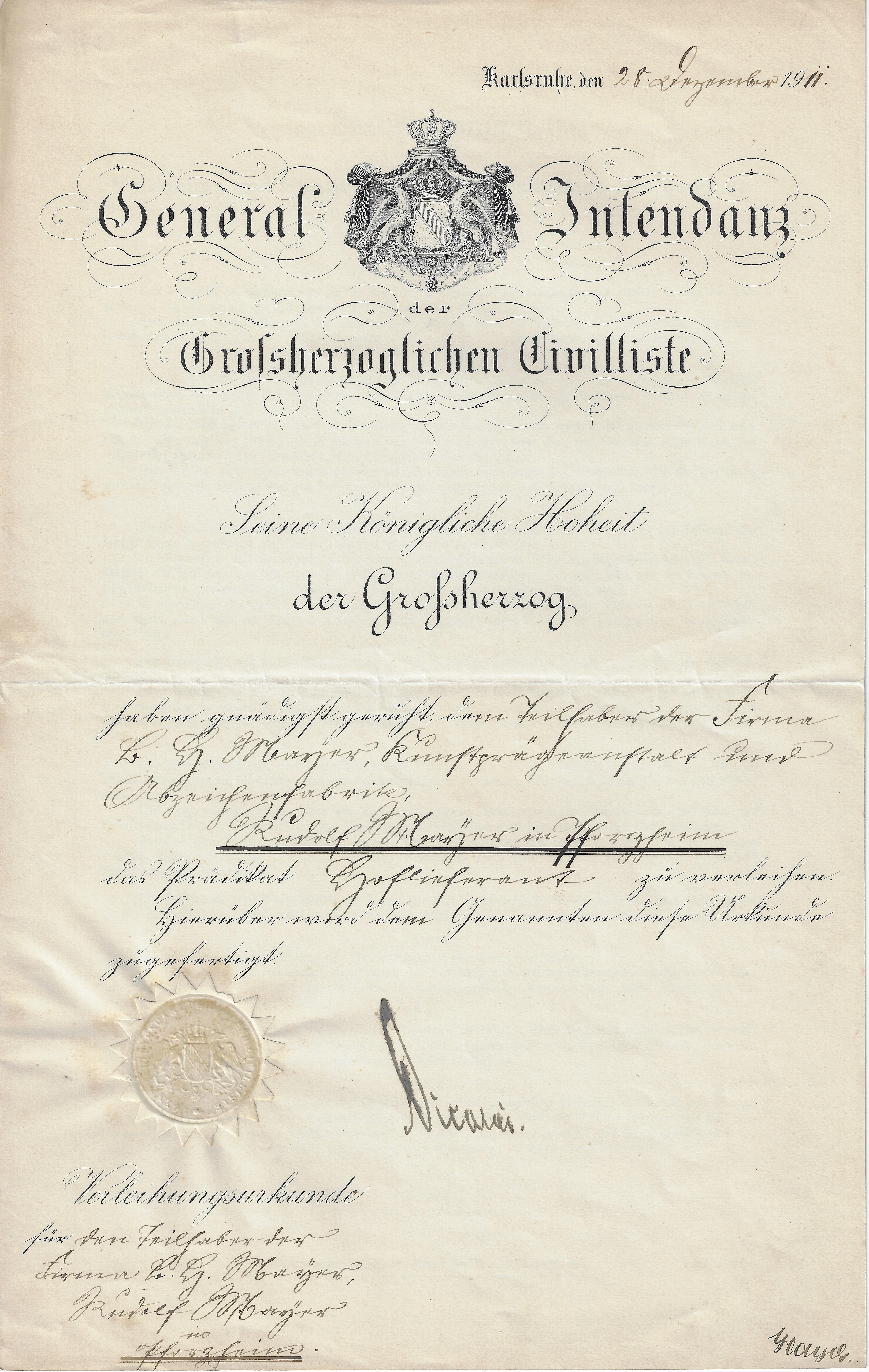 Abbild der Ernennungsurkunde von B.H. Mayer's Kunst-Präge-Anstalt zum Hoflieferanten von 1911